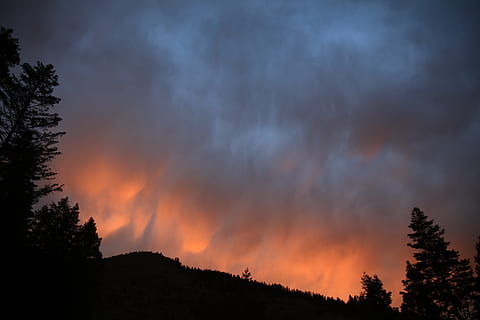 montagna, montanaro, buio, nube, cielo, vertice, cresta, paesaggio, natura, valle, alberi, piante, silhouette, bellezza nella natura, albero, scenics - natura, nuvola - cielo, pianta, la tranquillità, scena tranquilla, tramonto, colore arancione, nessuno, idilliaco, scena non urbana, Inquadratura dal basso, ambiente, all'aperto, terra, potere in natura, 8K, CC0, dominio pubblico, privo di copyright