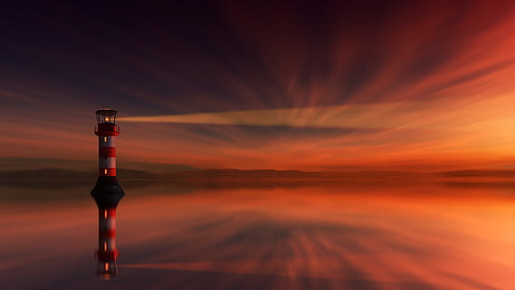 red, white, lighthouse, backlit, beach, clouds, dark clouds, dawn, evening, horizon, landscape, light, ocean, reflection, scenic, sea, seascape, sky, sun, sunset, water, weather, orange color, cloud - sky, nature, one person, scenics - nature, beauty in nature, tranquility, tranquil scene, standing, lifestyles, idyllic, exercising, leisure activity, outdoors, digital composite, 5K, CC0, public domain, royalty free