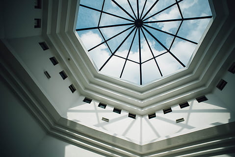 architecture, building, infrastructure, ceiling, design, sky, cloud, indoors, pattern, built structure, low angle view, directly below, no people, shape, skylight, geometric shape, day, staircase, window, railing, steps and staircases, modern, ornate, architecture and art, 5K, CC0, public domain, royalty free