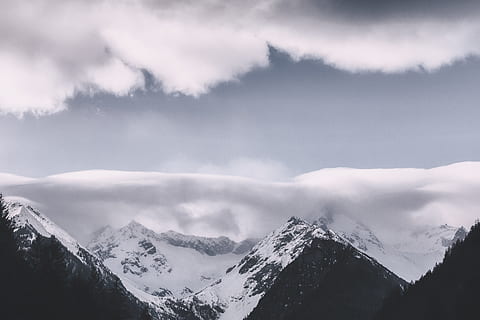 fotografie, munţi, acoperit, zăpadă, nori, noros, rece, ceaţă, înalt, peisaj, aburi, natură, în aer liber, decor, pitoresc, sezon, munți acoperiți de zăpadă, pustie, iarnă, Munte, temperatura rece, nor - cer, cer, de munte, scenice - natura, mediu inconjurator, un munte acoperit de zăpadă, frumusețe în natură, liniște, o scenă liniștită, nici o persoana, scenă non-urbană, copac, Brad, varf de munte, conifer, pini de pădure, 2K, CC0, domeniu public, fără drepturi de autor