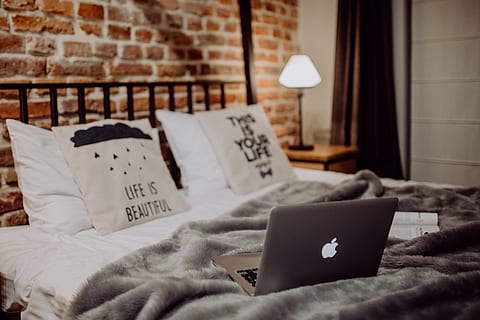 enjoying, evening, macbook, nice, bed, home, loft, brick wall, computer, work, laptop, pillows, bedding, study, bedroom, wireless technology, domestic room, indoors, technology, furniture, communication, home interior, no people, connection, lighting equipment, pillow, using laptop, relaxation, electric lamp, sheet, selective focus, cozy, 4K, CC0, public domain, royalty free