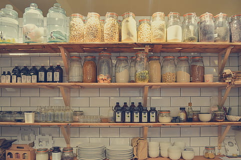 clear, glass jars, rack, bottles, ceramic, chic, collection, commerce, container, exhibition, glass, healthy, healthy food, healthy lifestyle, indoors, jars, kitchen, market, merchandise, option, organic, organic foods, plates, pottery, retail, sale, shelf, shopping, souvenir, stock, store, vase, large group of objects, arrangement, bottle, food and drink, variation, choice, order, no people, abundance, still life, side by side, for sale, shelves, food, jar, retail display, 5K