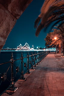 sydney opera, architecture, building, city, evening, illuminated, landscape, lights, modern, night, night photograph, ocean, street, sydney, sydney opera house, tourism, trees, urban, water, waterfront, sky, built structure, nature, railing, no people, building exterior, sea, outdoors, lighting equipment, the way forward, direction, bridge, blue, light, 5K, CC0, public domain, royalty free