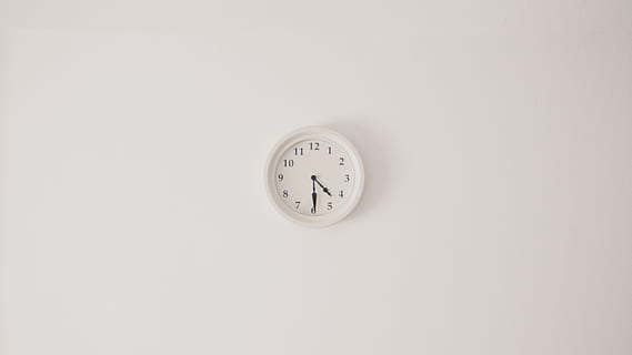 round, white, wall clock, clock, grey, analog clock, time, instrument of time, indoors, copy space, studio shot, clock face, number, deadline, no people, single object, accuracy, wall - building feature, white background, routine, minute hand, clock hand, simplicity, high angle view, 4K, CC0, public domain, royalty free