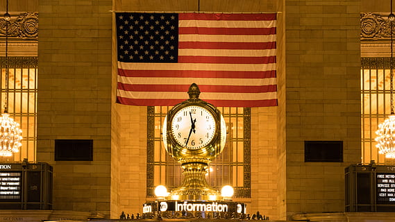 photo, u.s.a., flag, administration, American flag, antique, architecture, building, chandeliers, city, classic, clock, design, grand central station, indoors, information, lights, manhattan, new york, new york city, time, travel, vintage, wall, built structure, illuminated, building exterior, travel destinations, no people, patriotism, tourism, low angle view, night, shape, tower, clock face, government, minute hand, 5K, CC0, public domain, royalty free