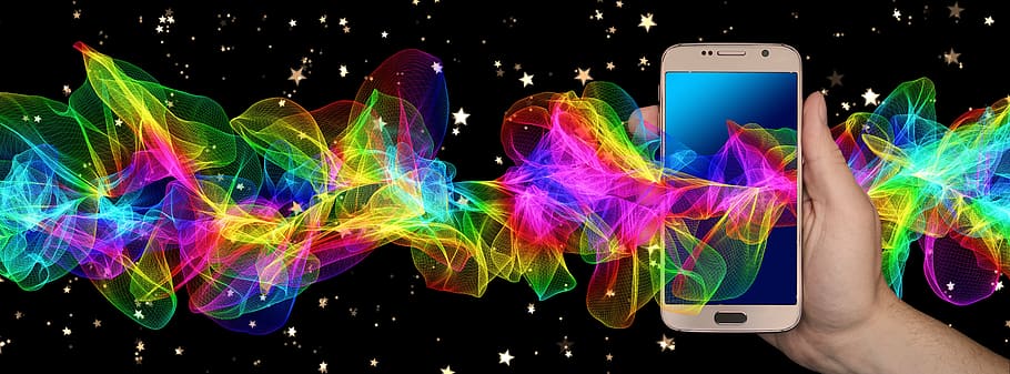 telèfon mòbil, smartphone, mà, partícules, onada, color, colorit, línies, patró, resum, disseny, interferència, swing, llums, tecnologia, tecnologia sense fils, multicolor, dispositiu d’informació portàtil, telèfon intel·ligent, comunicació, connexió, pantalla, pantalla del dispositiu, mà humana, creativitat, pantalla tàctil, tir de l'estudi, fons negre, part del cos humà, moviment, a l'interior, compost digital, que flueix, 5K