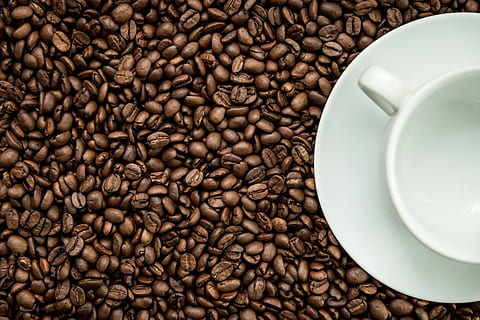 texture, coffee beans, white, cup, food and drink, coffee - drink, coffee, roasted coffee bean, food, drink, indoors, refreshment, close-up, large group of objects, mug, freshness, milk, studio shot, no people, abundance, dairy product, directly above, crockery, caffeine, 5K, CC0, public domain, royalty free