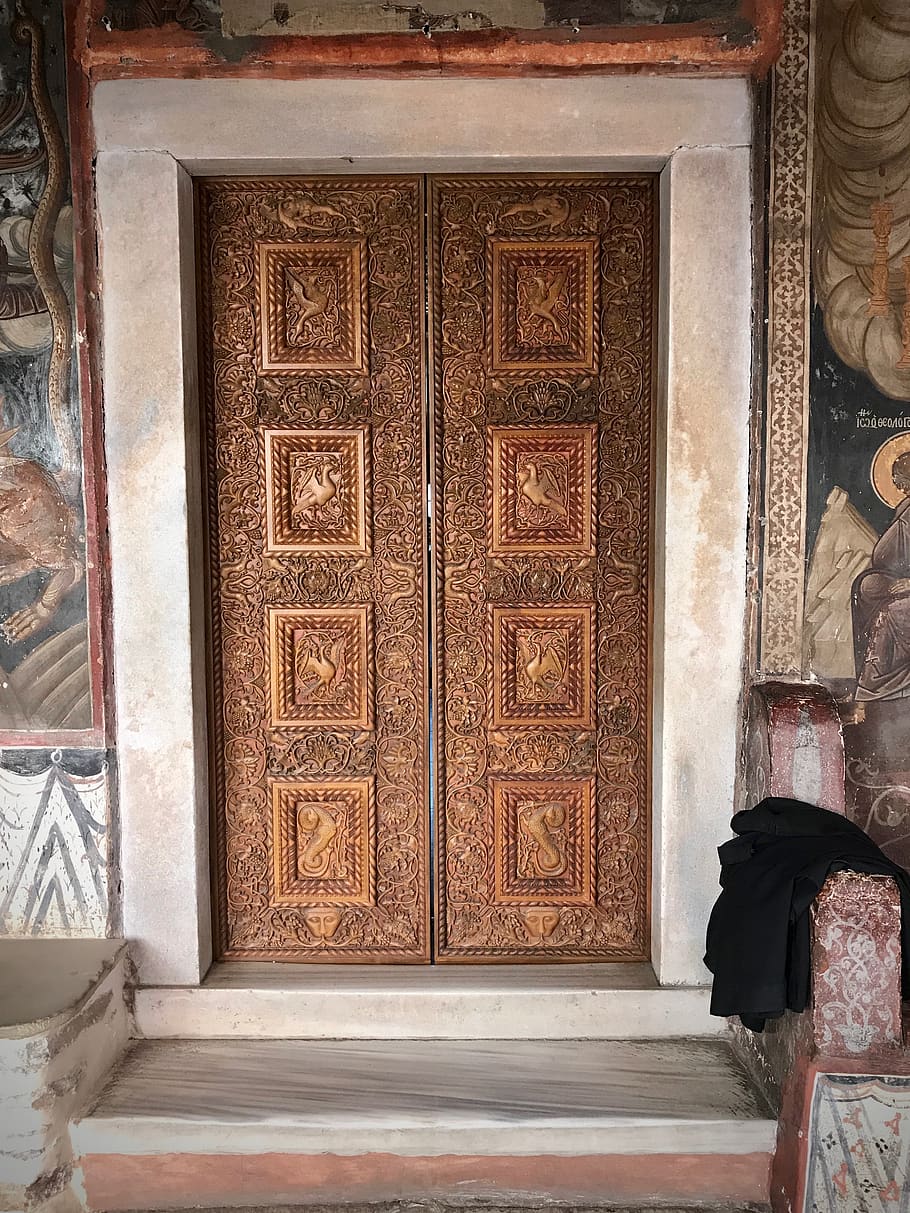 Grecia, Monte Athos, architettura, porta, mestiere, struttura costruita, arte e artigianato, nessuno, Entrata, costruzione, in casa, design, modello, storia, il passato, giorno, intaglio - prodotto artigianale, caratteristica della parete, creatività, chiuso, Casa, ornato, motivo floreale, 2K