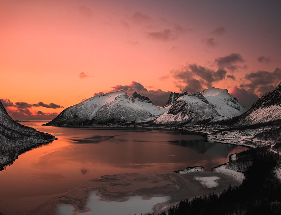 escènic, foto, llac, muntanyes, impressionant, núvols, alba, medi ambient, horitzó, naturalesa, paisatge, vista, cel, aigua, boscos, bellesa a la natura, escenics - natura, muntanya, posta de sol, escena tranquil·la, tranquil·litat, reflexió, hivern, temperatura de fred, idíl·lic, Serra, núvol - cel, neu, cap gent, escena no urbana, muntanya nevada, cim de muntanya, 5K