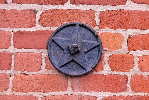 mursten, væg, klokke tårn, arkitektur, bygning, tårn, plante, stjerne, armbåndsur, symbol, varemærke, logo, rust, dome, blomst, blomstre, tulipan, ahorn, træ, mos, murstens væg, murbygningsfunktion, rød, bygget struktur, dag, ingen mennesker, tæt på, mønster, form, tekstureret, geometrisk form, cirkel, udendørs, Kunst og håndværk, design, repræsentation, 4K, CC0, offentligt domæne, royaltyfrie
