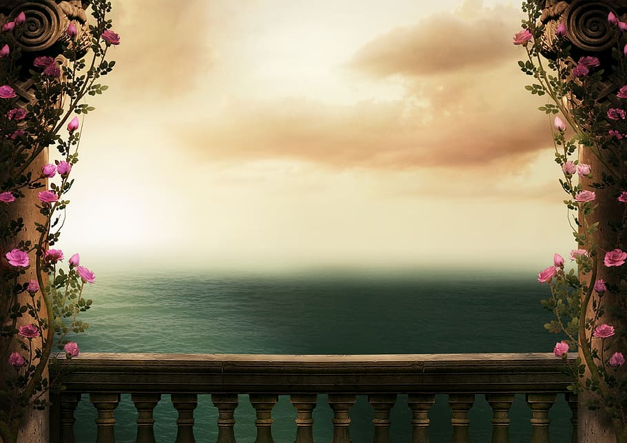 fantasia, fons, mar, columnar, balustrada, rànquing, roses, superposició d'imatges, antiguitat, plantilla, èpica, il·luminació, atmosfera, romàntic, buit, Conte de fades, sortida del sol, posta de sol, feix de llum, emoció, naturalesa, planta, aigua, bellesa a la natura, flor, cel, planta amb flors, escenics - natura, cap gent, arquitectura, estructura construïda, color rosa, núvol - cel, barana, dia, escena tranquil·la, a l'aire lliure, tranquil·litat, horitzó sobre l’aigua, 4K