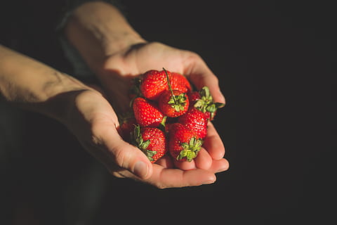 handful, strawberries photo, Food, Hands, Fruit, human hand, healthy eating, hand, human body part, berry fruit, holding, food and drink, wellbeing, one person, strawberry, freshness, healthy lifestyle, red, black background, close-up, hands cupped, studio shot, ripe, organic, finger, human limb, 4K