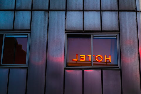 hvid vinduesramme, bygning, skilt, vindue, afspejling, tilbage, nat, glød, vandrerhjemmet, metalic, metal, neon, humørsyg, mørk, Hotel, tekst, meddelelse, belyst, ingen mennesker, arkitektur, vestlige script, indgang, dør, bygning udvendig, tæt på, exit tegn, bygget struktur, lukket, glas - materiale, sikkerhed, udendørs, lilla, forlader, 5K, CC0, offentligt domæne, royaltyfrie