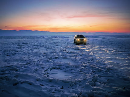 baikalsee, auto, ice, winter, cold, frost, wintry, frozen, iced, winter magic, smoothness, adventure, all terrain vehicle, automotive, all wheel drive, vehicle, expedition, drive, offroad, landscape, spotlight, dom, wide, sunset, sky, scenics - nature, beauty in nature, snow, mode of transportation, cold temperature, transportation, nature, cloud - sky, no people, sea, tranquil scene, tranquility, orange color, travel, non-urban scene, land vehicle, outdoors, snowcapped mountain, 2K, CC0, public domain, royalty free
