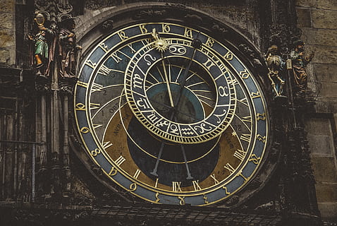 prague, clock, architecture, time, city, zodiac, astronomical, czech, monument, astrology, famous, antique, dial, old, europe, town, landmark, astronomy, historical, medieval, ancient, history, pointer, astrological, horology, roman numeral, no people, astronomical clock, clock tower, building exterior, the past, space, built structure, clock face, low angle view, day, number, close-up, ornate, minute hand, 4K, CC0, public domain, royalty free