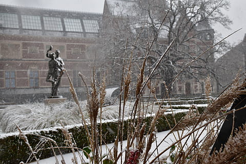 sne, træer, statue, kold, majs, hvid, arkitektur, bygget struktur, bygning udvendig, skulptur, menneskelig repræsentation, kold temperatur, natur, repræsentation, mandlig lighed, vinter, plante, træ, dag, Kunst og håndværk, vand, bare træ, ingen mennesker, udendørs, sner, 5K, CC0, offentligt domæne, royaltyfrie