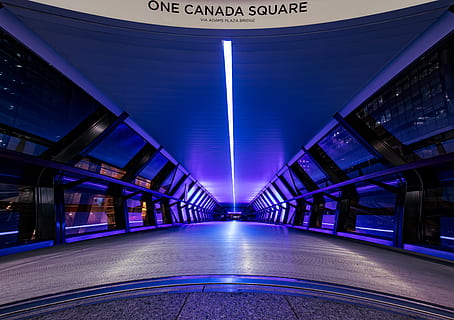 one canada square, light, lighting, ornament, pattern, corridor, fractal, laser, neon, floor, tunnel, corner, glass, glasses, accessory, accessories, led, spotlight, purple, flooring, triangle, architecture, transportation, illuminated, the way forward, direction, lighting equipment, built structure, sign, indoors, no people, diminishing perspective, road, communication, city, connection, blue, railing, futuristic, text, modern, architectural column, ceiling, 5K, CC0, public domain, royalty free