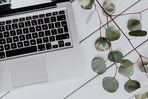 macbook de manzana, &amperio;, café, blanco, escritorio, interior, oficina, espacio de trabajo, computadora, macbook, trabajo, ordenador portátil, quimio, adentro, cafetera, estudiar, tecnología, tecnología inalámbrica, equipo de computadora, conexión, comunicación, nadie, teclado, vista de alto ángulo, naturaleza muerta, mesa, hoja, foto de estudio, creatividad, parte de la planta, de cerca, directamente arriba, 5K