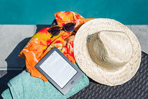 black, amazon, kindle, tablet, brown, drawstring sun hat, flat lay, poolside, summer, sun hat, sunglasses, high angle view, still life, table, food and drink, directly above, no people, technology, food, hat, computer, wireless technology, day, clothing, connection, freshness, close-up, healthy eating, glasses, communication, 2K, CC0, public domain, royalty free