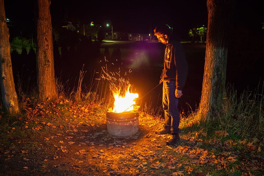 fuoco, umano, persona, fiamma, falò, campeggio, notte, foresta, albero, pianta, silhouette, vita notturna, incendio forestale, polline, tronco d'albero, animale, invertebrato, lucciola, insetto, bicchiere, ardente, illuminato, fuoco - fenomeno naturale, calore - temperatura, natura, lunghezza intera, raggiante, terra, persone, movimento, adulto, tronco, all'aperto, in piedi, 2K