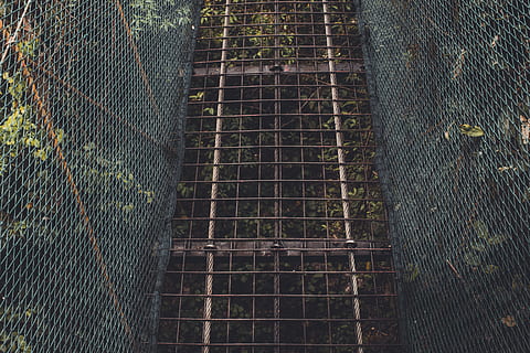 gray metal bridge, architecture, bridge, construction, no people, fence, metal, pattern, day, grate, safety, security, boundary, protection, metal grate, barrier, grid, outdoors, full frame, nature, chainlink fence, built structure, close-up, sport, 5K, CC0, public domain, royalty free