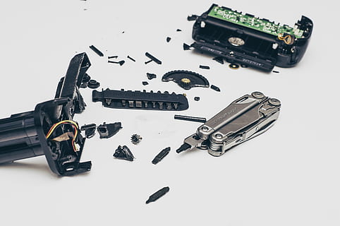 bits, pieces, broken, dismantled, objects, pocket knife, studio shot, still life, white background, large group of objects, indoors, no people, close-up, high angle view, toy, group of objects, gun, machinery, metal, communication, cut out, black color, security, handgun, aggression, 4K, CC0, public domain, royalty free