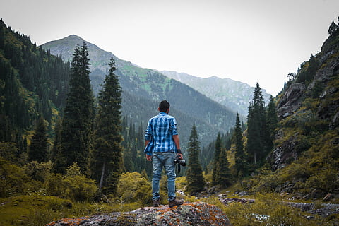 uomo, blu, bianca, verificato, camicia a maniche corte, detenzione, nero, telecamera, in piedi, roccia, nuvole, luce del giorno, giorno, alto, escursione, paesaggio, maestoso, picco di montagna, montagne, natura, persona, fotografo, fotografia, rocce, panoramico, cielo, alberi, boschi, montagna, albero, retrovisore, attività di svago, scenics - natura, bellezza nella natura, una persona, pianta, lunghezza intera, escursioni a piedi, attività, avventura, uomini, terra, abbigliamento casual, catena montuosa, all'aperto, guardando a vista, bosco, 5K, CC0, dominio pubblico, privo di copyright