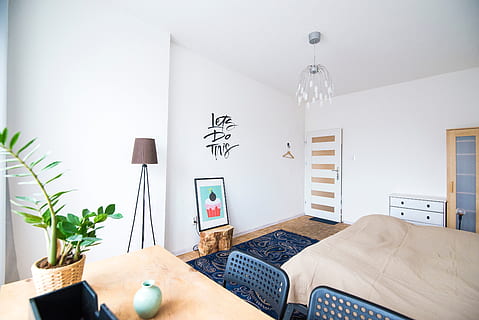 Bett, Tabelle, Innere, Pflanze, Lampenschirm, Rahmen, Design, Schlafzimmer, Tür, Stuhl, Möbel, drinnen, Wohngebäude, Hauptschaukasteninnenraum, Wohnraum, Kissen, Lichtanlage, keine Leute, Abwesenheit, Polster, Tag, ausgestopft, Topfpflanze, elektrische Lampe, Das Leben zu Hause, Sofa, Wohnzimmer, modern, Luxus, Zimmerpflanze, Kaffetisch, 5K, CC0, gemeinfrei, lizenzfrei