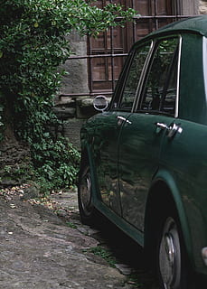 berlina verde, pneumatico, ha parlato, macchina, ruota, ruota in lega, ruota di automobile, mezzi di trasporto, veicolo, automobile, auto, specchio, specchio per auto, asfalto, capestro, Ingranaggio, amarillide, pianta, fiore, fiorire, modo di trasporto, veicolo terrestre, veicolo a motore, giorno, stazionario, esterno dell'edificio, architettura, struttura costruita, nessuno, parcheggio, in stile retrò, all'aperto, città, colore verde, strada, albero, 2K, CC0, dominio pubblico, privo di copyright