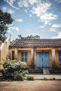 portes tancades, sostre, porta, sostre de teula, jar, planta, planta en test, ceràmica, gerro, a l'aire lliure, llosa, porxo, jardinera, edifici, habitatge, casa, casa de camp, maó, herbes, pati, cortina, estructura construïda, exterior de l'edifici, arquitectura, cel, arbre, núvol - cel, naturalesa, barri residencial, dia, cap gent, finestra, creixement, llum solar, vell, color verd, ciutat, 5K, CC0, domini públic, lliure de regalies