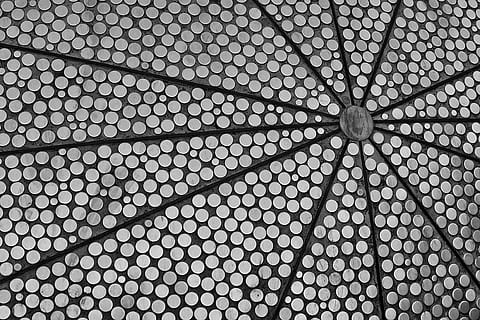 building, architecture, pattern, canopy, triangle, back, arched, arch, texture, brick, tile, hole, spiral, vault ceiling, aluminium, tire, umbrella, art, stained glass, corridor, design, no people, ceiling, backgrounds, shape, full frame, indoors, low angle view, geometric shape, built structure, day, circle, lighting equipment, textured, hanging, close-up, directly below, cupola, luxury, 2K, CC0, public domain, royalty free