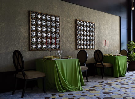 two, green, covered, dining table, set, chair, furniture, home decor, indoors, interior design, tablecloth, flooring, table, restaurant, cafe, room, floor, indoor, restaurants, evening, dinner room, dinner, linen, living room, text, seat, domestic room, wall - building feature, empty, no people, curtain, technology, architecture, absence, window, wealth, home interior, armchair, relaxation, luxury, 4K, CC0, public domain, royalty free