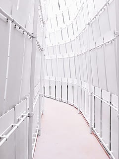 stretto, sentiero, chiuso, la zona, corrimano, ringhiera, corridoio, pavimentazione, via degli olimpionici, Italia, roma, arte, scala, costruzione, architettura, bianca, moderno, spazio, minimo, centro, rosa, futuristico, pavimento, finestra, struttura costruita, Colore bianco, nessuno, giorno, Inquadratura dal basso, esterno dell'edificio, all'aperto, natura, connessione, caratteristica della parete, sicurezza, protezione, metallo, soffitto, polo, 4K, CC0, dominio pubblico, privo di copyright