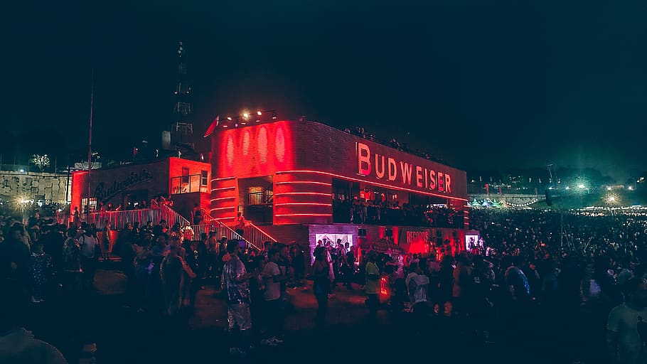barra del budweiser, bar, costruzione, folla, sera, persone, grande gruppo di persone, gruppo di persone, illuminato, notte, persone reali, esterno dell'edificio, architettura, città, struttura costruita, testo, cultura artistica e intrattenimento, donne, attività di svago, neon, vita di città, uomini, stili di vita, vita notturna, palcoscenico, 4K
