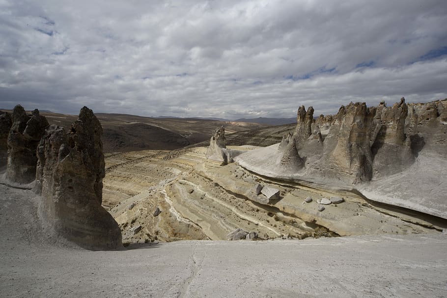 formació de roca grisa, naturalesa, a l'aire lliure, mesa, sòl, arequipa, perú, desert, arqueologia, pastures, camp, altiplà, muntanya, edifici, habitatge, monestir, arquitectura, paisatge, Conca, manera, núvol - cel, cel, escenics - natura, medi ambient, escena tranquil·la, bellesa a la natura, tranquil·litat, escena no urbana, terra, rock, cap gent, dia, formació de roca, geografia física, geologia, rock - object, clima, clima àrid, formació, erosionat, 5K