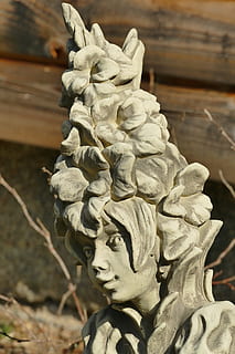 elf, spring, nature, magic, cute, female, art and craft, representation, sculpture, creativity, statue, human representation, no people, focus on foreground, close-up, craft, day, male likeness, spirituality, belief, outdoors, carving - craft product, architecture, religion, angel, 5K, CC0, public domain, royalty free