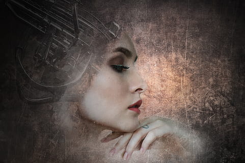 gothique, Goth, fantaisie, science-fiction, scifi, machine, robot, femme, fille, femelle, Jeune, beauté, modèle, portrait, portrait fantastique, texture, surréaliste, éthéré, mystère, mystérieux, couverture de livre, photoshop, photo du visage, une personne, jeune adulte, femmes, belle femme, adulte, composite numérique, jeune femme, fermer, partie du corps humain, visage humain, effet texturé, partie du corps, mode, belles personnes, regardant, contemplation, coiffure, dépression - tristesse, vue de profil, fond noir, 2K, CC0, domaine public, libre de droits
