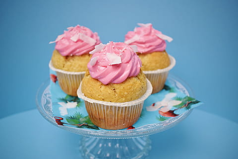 three, cupcake, pink, icing, baked, cake, confection, cream, creamy, cup, cupcakes, delicious, dessert, eating, food, goody, homemade, indulgence, muffin, pastry, sweet, sweet food, food and drink, pink color, blue, freshness, flower, indoors, temptation, blue background, no people, ready-to-eat, close-up, cupcake holder, floral pattern, 5K, CC0, public domain, royalty free