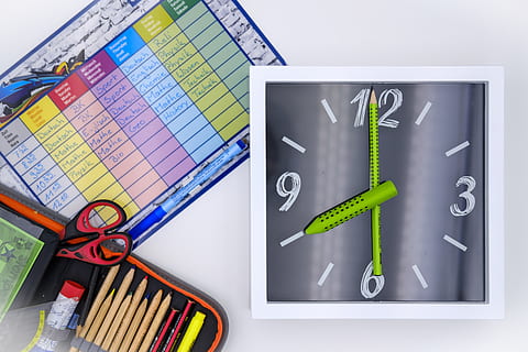 time, clock, pointer, clock face, timetable, pencil cases, writing utensils, pens, school, learn, schulbeginn, multi colored, no people, indoors, communication, choice, green color, text, table, creativity, close-up, still life, western script, pencil, variation, publication, number, studio shot, large group of objects, business, white background, 5K, CC0, public domain, royalty free
