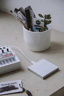 white ceramic container, adapter, electronics, electrical device, microscope, plug, wiring, text, apparel, long sleeve, sleeve, clothing, outdoors, fuse, computer, pc, lab, furniture, tabletop, id cards, document, still life, indoors, table, no people, container, close-up, focus on foreground, technology, large group of objects, equipment, group of objects, white color, high angle view, pencil, communication, brush, paper, group, connection, personal accessory, 5K, CC0, public domain, royalty free