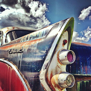 red, black, vehicle painting, car, coronet, oldtimer, rust, vintage, mode of transportation, sky, cloud - sky, transportation, metal, land vehicle, day, motor vehicle, nature, retro styled, vintage car, no people, travel, close-up, old, outdoors, reflection, airplane, silver colored, 1080P, CC0, public domain, royalty free