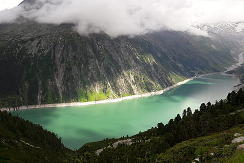 water reservoir, nature, lake, lakes, beauty in nature, scenics - nature, mountain, water, tree, tranquil scene, plant, tranquility, no people, cloud - sky, mountain range, non-urban scene, sky, land, environment, forest, idyllic, day, outdoors, power in nature, flowing, 2K, CC0, public domain, royalty free