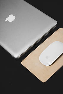 macbook pro, macbook, apple, magic mouse, mousepad, leather, minimal, indoors, high angle view, no people, still life, close-up, table, white color, technology, copy space, wireless technology, geometric shape, paper, smart phone, mobile phone, black background, black color, illuminated, shape, studio shot, lighting equipment, blank, 5K, CC0, public domain, royalty free