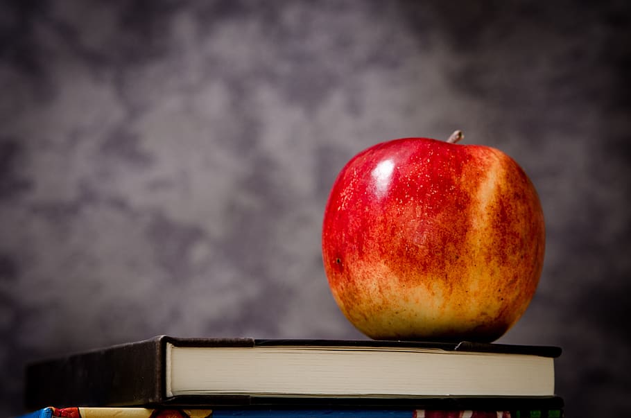 æble, lærebog, Bestil, klasse, klasseværelse, skole, lærer, undersøgelse, uddannelse, mad og drikke, mad, æble - frugt, sund kost, frugt, velvære, rød, friskhed, indendørs, offentliggørelse, tæt på, ingen mennesker, læring, bord, stilleben, sort baggrund, 4K