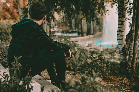 uomo, seduta, di fronte, alberi, acqua, persona, umano, abbigliamento, capi di abbigliamento, cappotto, all'aperto, completo da uomo, Fontana, pianta, giacca, viso, foto, fotografia, femmina, albero, pneumatico, vegetazione, una persona, persone reali, attività di svago, stili di vita, giorno, natura, terra, vista laterale, crescita, giovane adulto, campo, rilassamento, uomini, tre quarti, giovani uomini, 4K, CC0, dominio pubblico, privo di copyright