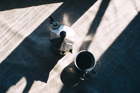table, coffee, tea, cup, teapot, hot, drink, shadow, food and drink, coffee - drink, sunlight, coffee cup, high angle view, human body part, holding, one person, refreshment, indoors, mug, human hand, hand, day, 5K, CC0, public domain, royalty free