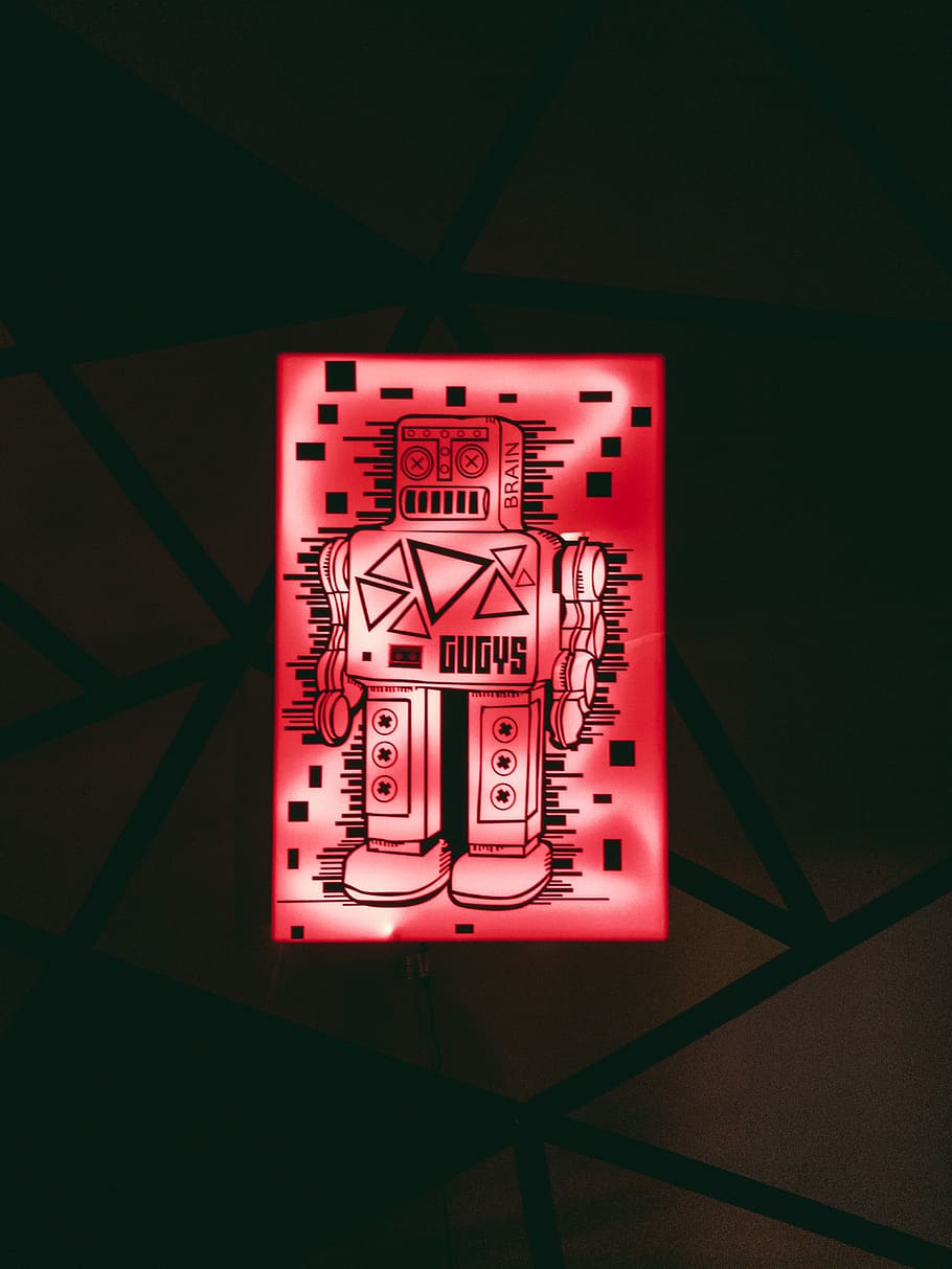 rød robot lys, lys, neon, tekst, skilt, symbol, led, rød, pub, rødt tegn, mørk, rødt lys, robot, tapet, neon tegn, kunst, flare, varemærke, logo, lanterne, meddelelse, ingen mennesker, indendørs, murbygningsfunktion, belyst, vestlige script, Information, arkitektur, informationsskilt, nat, tæt på, skygge, vejledning, teknologi, tid, manuskript, advarselssymbol, 4K