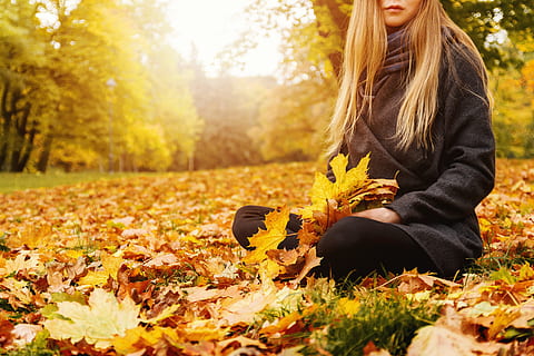 young, woman, sitting, fallen, autumn, leaves, park, one person, tree, plant, nature, leaf, plant part, sunlight, adult, land, lifestyles, women, hair, day, change, leisure activity, long hair, casual clothing, beauty in nature, outdoors, hairstyle, 4K, CC0, public domain, royalty free
