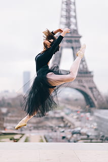 ballet dancer, performing, stunt, eiffel tower background, dance, dancing, eiffel tower, france, jump, jumping, paris, person, pretty, woman, architecture, built structure, building exterior, one person, city, real people, focus on foreground, lifestyles, leisure activity, day, building, outdoors, hairstyle, young adult, hair, skill, full length, adult, cityscape, 5K, CC0, public domain, royalty free