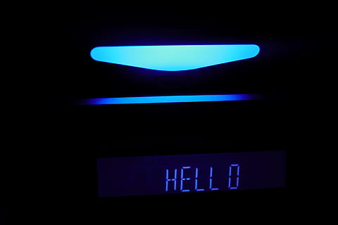 hello, blue, light, night, illuminated, close-up, communication, no people, indoors, text, technology, dark, western script, sign, glowing, neon, studio shot, domestic room, black background, number, control, 5K, CC0, public domain, royalty free
